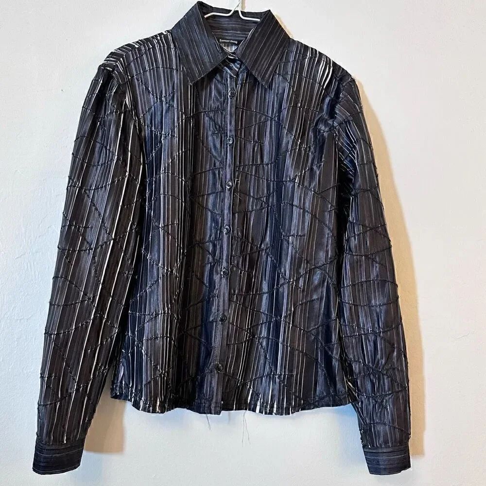 Samuel Dong Womens Button Down Long Sleeve Blouse Collared Textured Black Medium